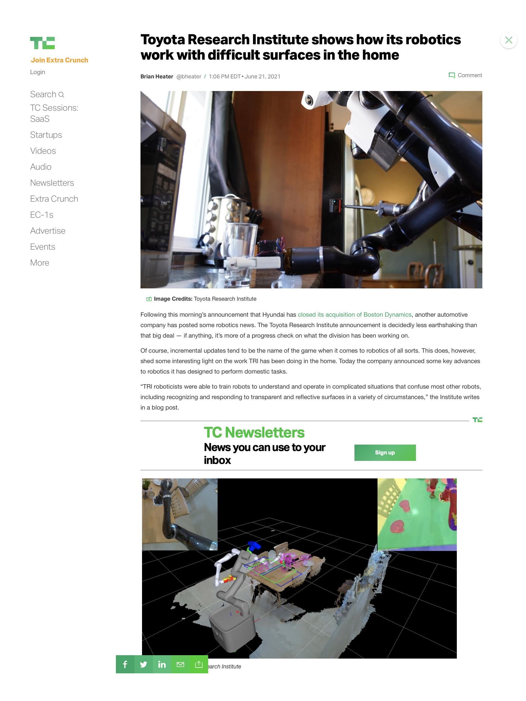 TRI's latest advances in robotics featured on techcrunch.com